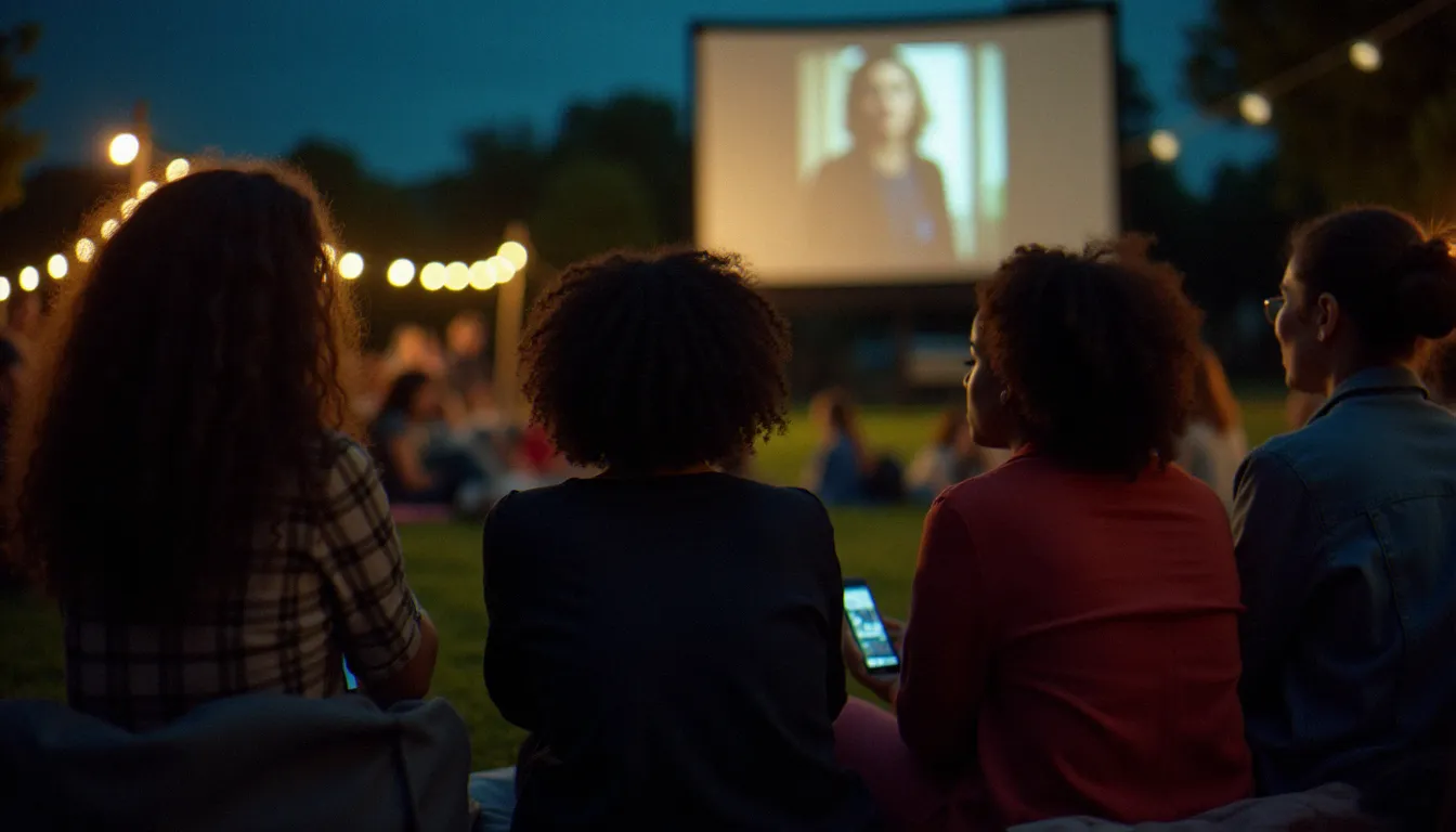 Groupe de femmes assistant à une projection documentaire en plein air lors d'un festival de cinéma, engagées dans une discussion sur la santé
