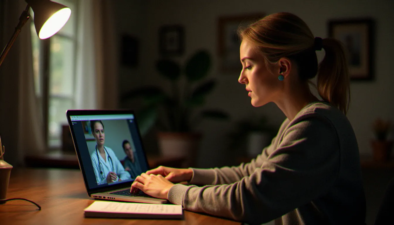 Femme prenant des notes devant un documentaire de santé féminine en streaming, intégrant le cinéma dans sa démarche médicale personnelle