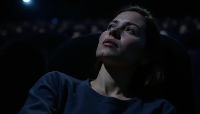 Femme émue regardant un documentaire dans une salle de cinéma obscure, illustrant l'impact du festival international du film documentaire d'amsterdam sur la prise de conscience en santé