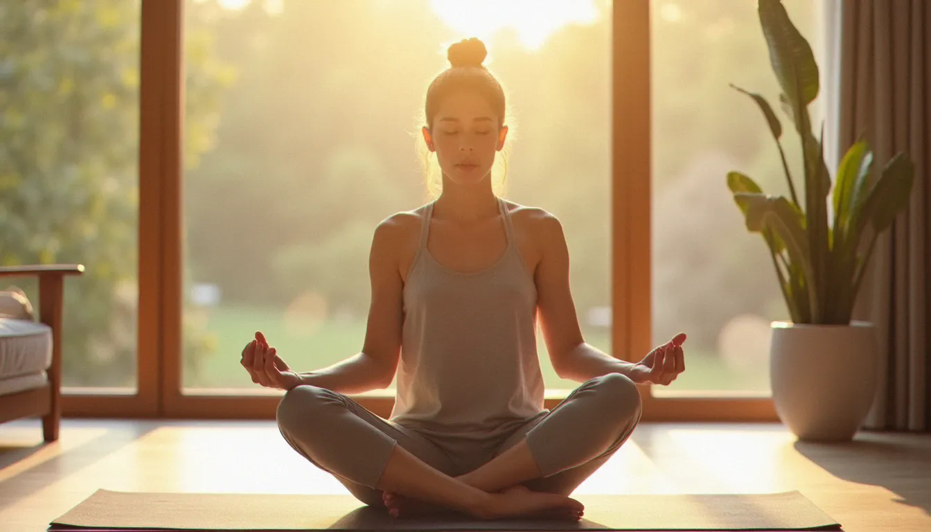 Une femme pratiquant la relaxation consciente pour gérer les symptômes hormonaux de la phase lutéale, en lien avec les fluctuations de sérotonine et les envies alimentaires avant les règles