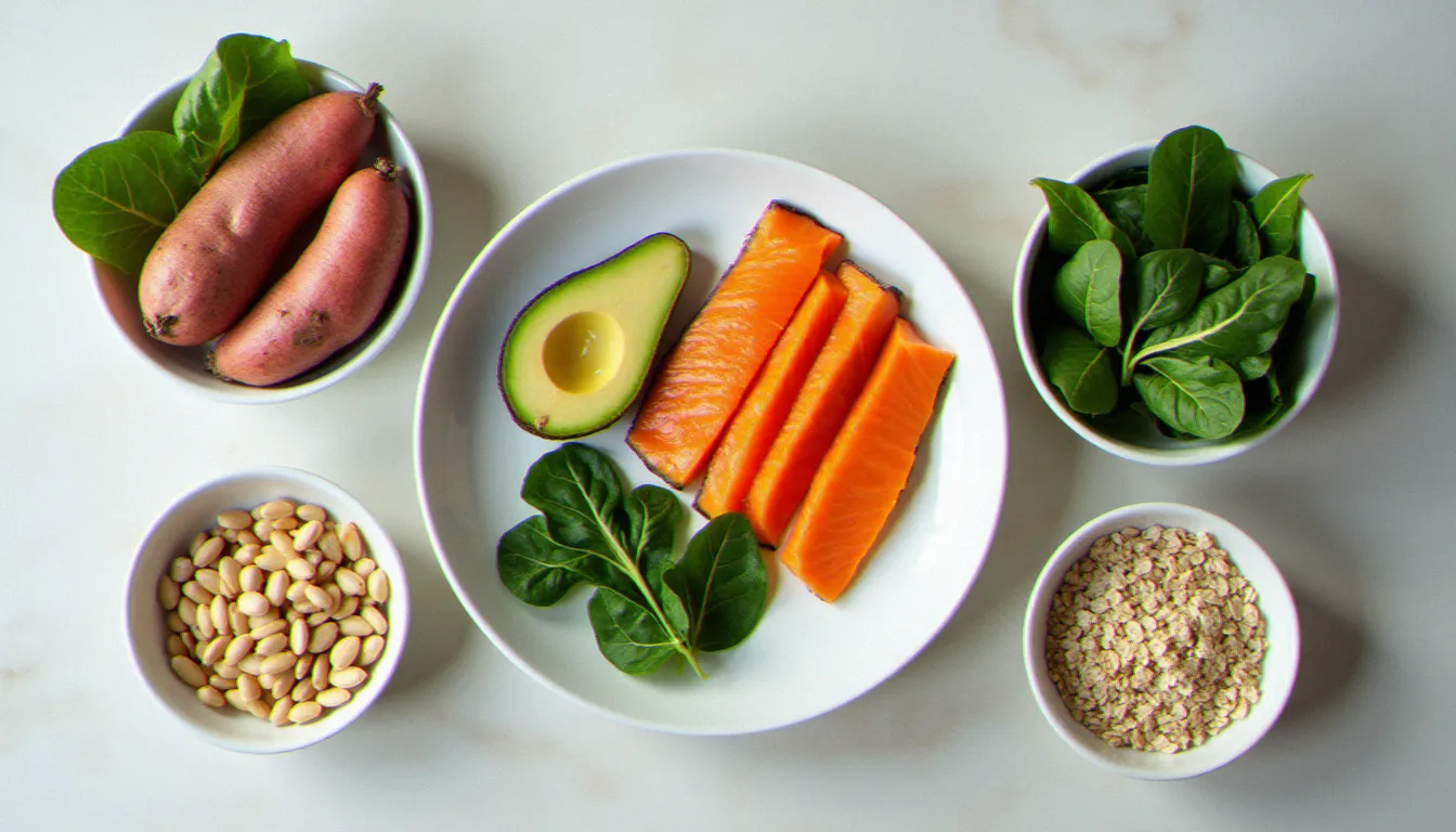 Préparation d'un repas équilibré en phase lutéale avec patate douce, saumon, graines de courge et épinards, pour répondre aux besoins nutritionnels qui expliquent les fringales avant les règles