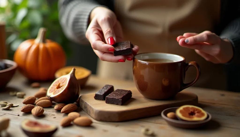 Des mains de femme tenant un carré de chocolat noir entouré d'amandes et de graines de courge sur une table en bois, illustrant des alternatives saines pour les fringales avant les règles