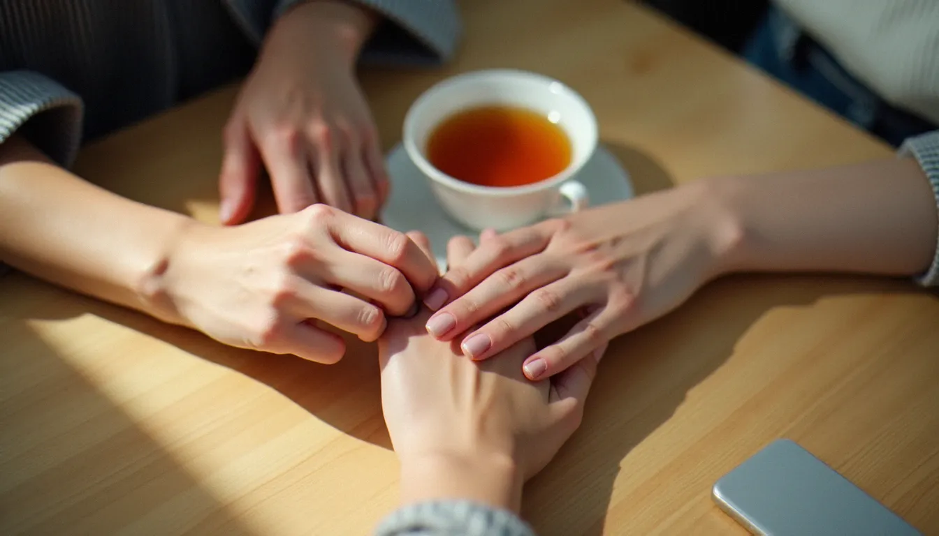 Mains de deux personnes entrelacées sur une table en bois dans un café, symbolisant le lien social qui stimule la production naturelle d'hormone câlin