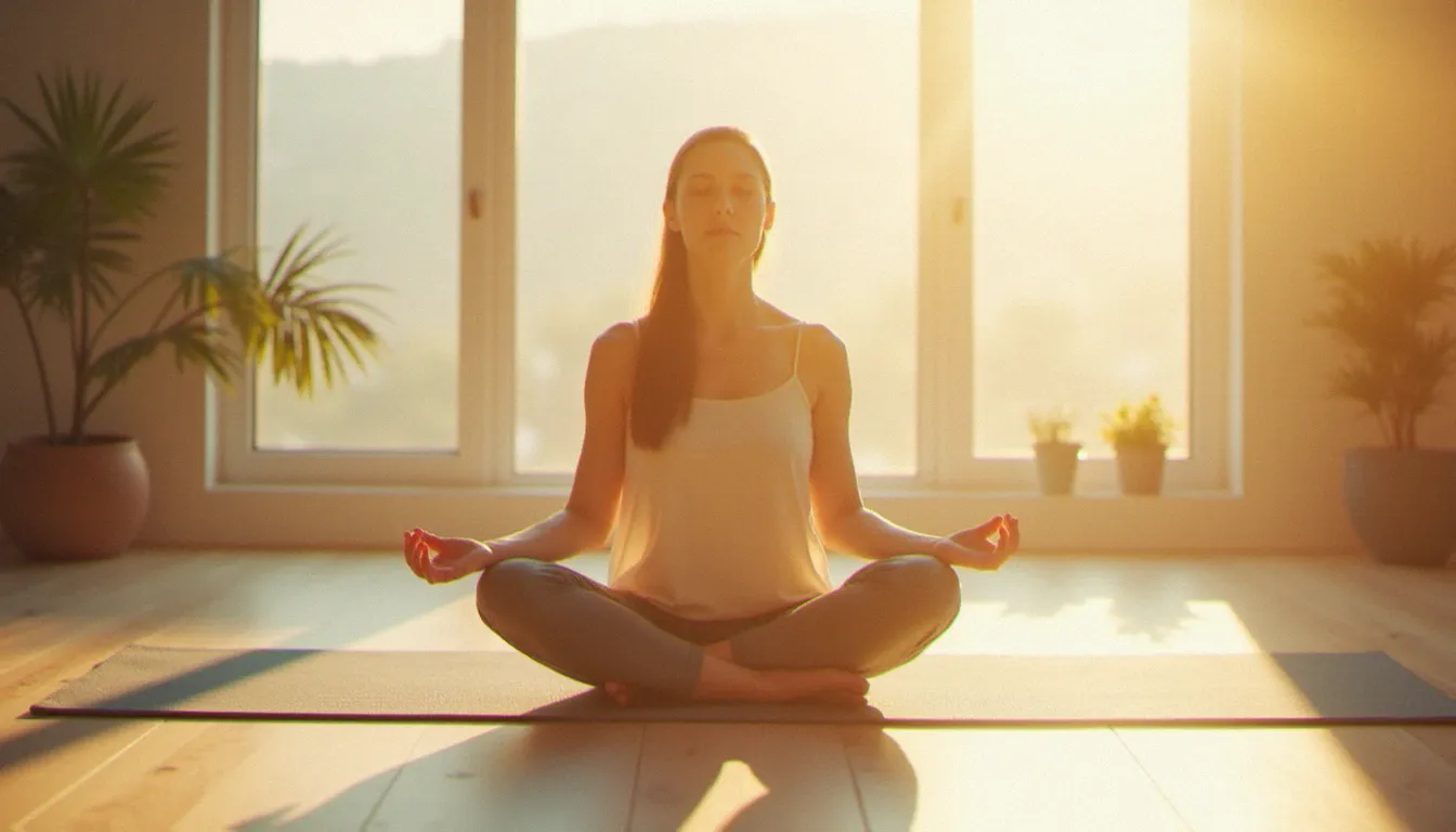 Femme pratiquant la méditation de compassion sur un tapis de yoga, baignée dans la lumière dorée du matin, une pratique documentée pour stimuler l'hormone câlin et réduire le cortisol