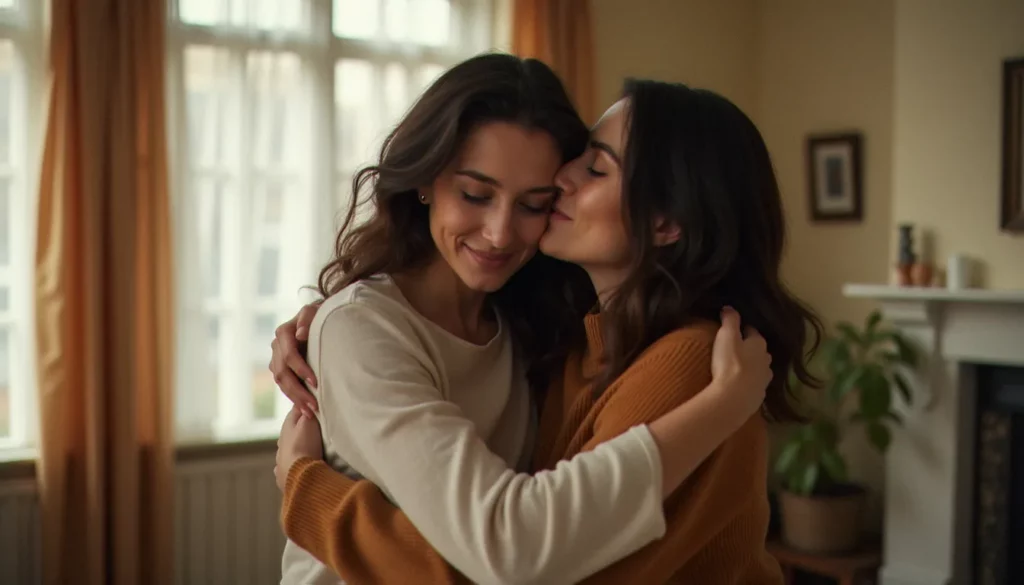 Deux femmes s'étreignant chaleureusement dans un intérieur lumineux, illustrant la libération de l'hormone câlin lors d'un contact physique prolongé