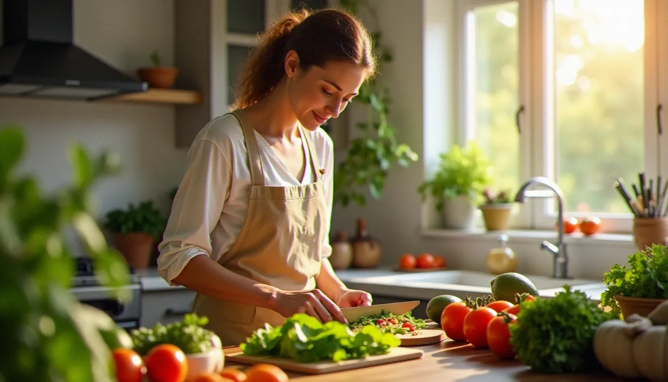 Femme préparant un repas riche en potassium et pauvre en sel pour soutenir la gestion de l'hypertension hormonale par l'alimentation