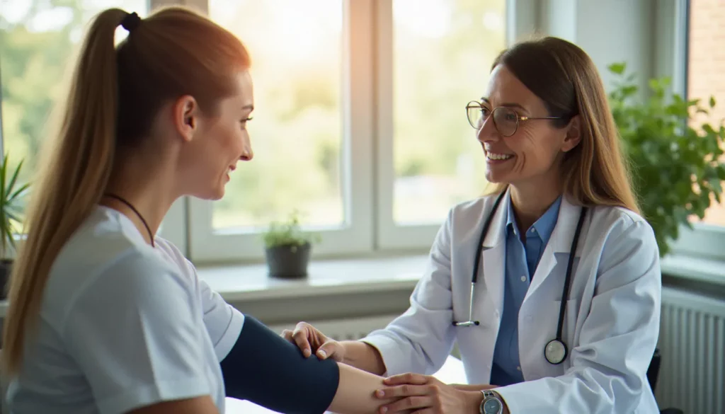 Femme en consultation médicale avec un brassard de mesure de tension artérielle, évoquant le diagnostic de l'hypertension hormonale