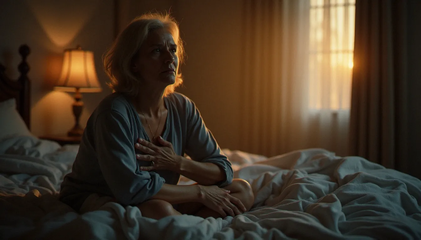 Femme en périménopause assise sur son lit le matin, illustrant la fatigue et les palpitations liées à l'hyperthyroïdie à cette période de vie