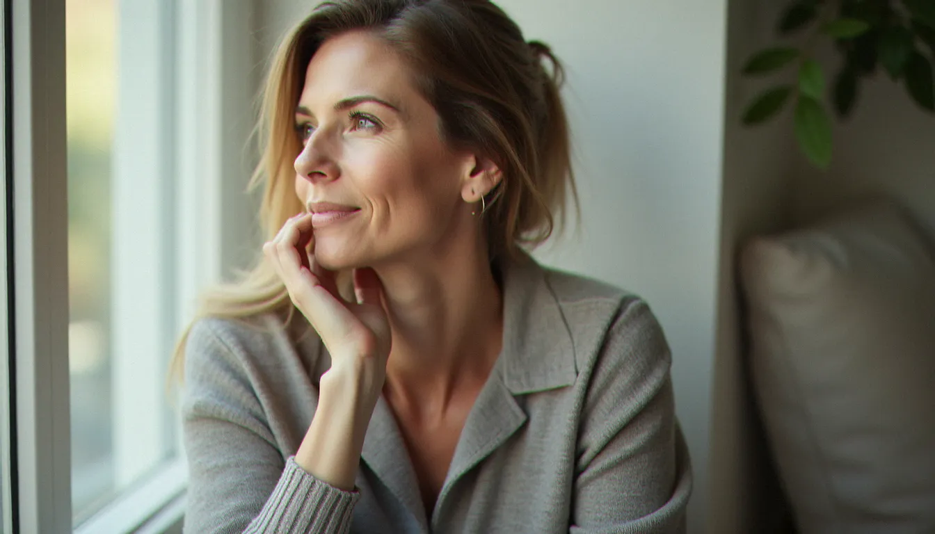 Femme d'une trentaine d'années posant la main sur son cou, illustrant les symptômes de l'hyperthyroïdie chez la femme
