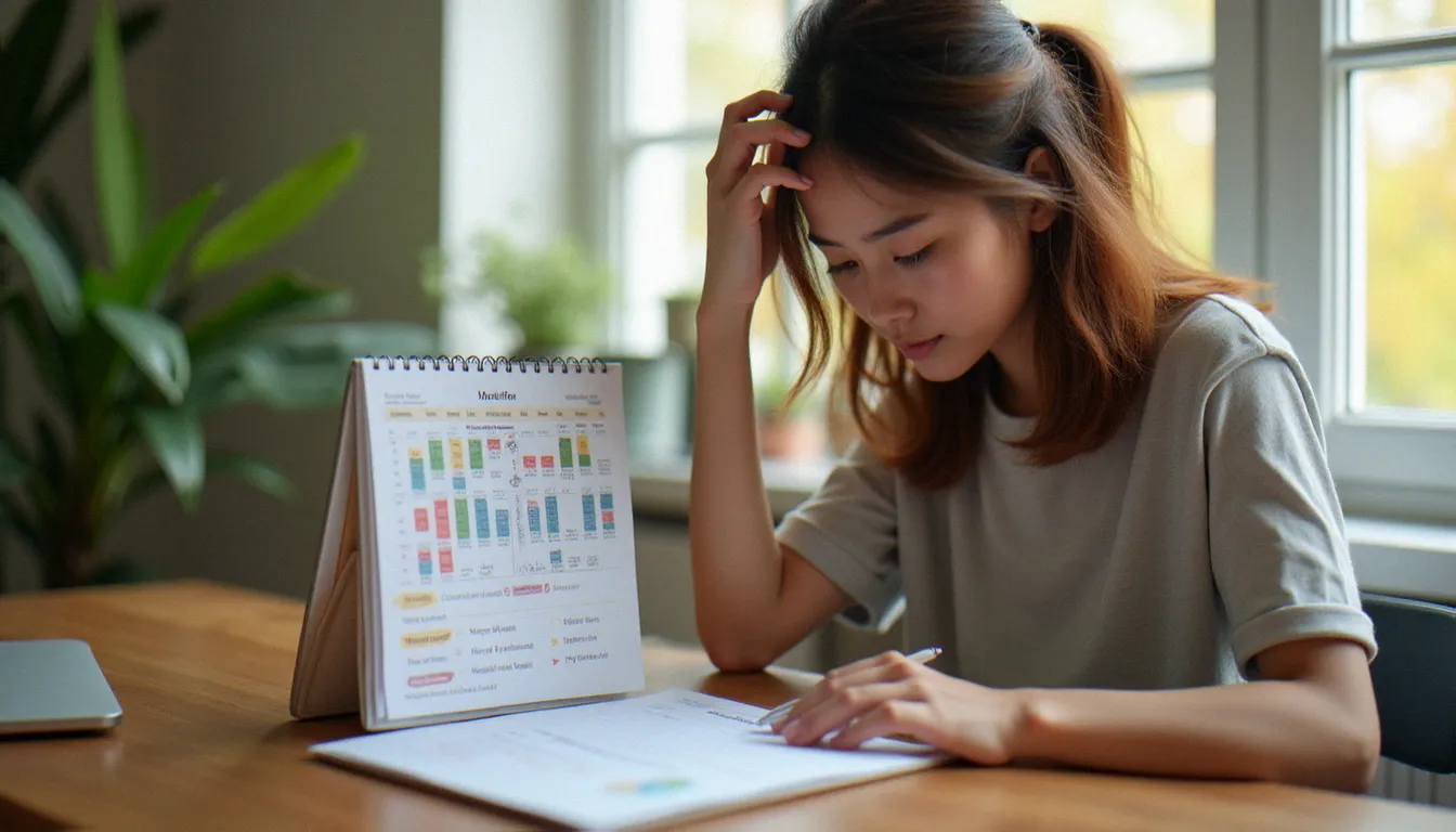 Femme consultant un calendrier de suivi de cycle menstruel pour observer les modifications des règles sous implant contraceptif