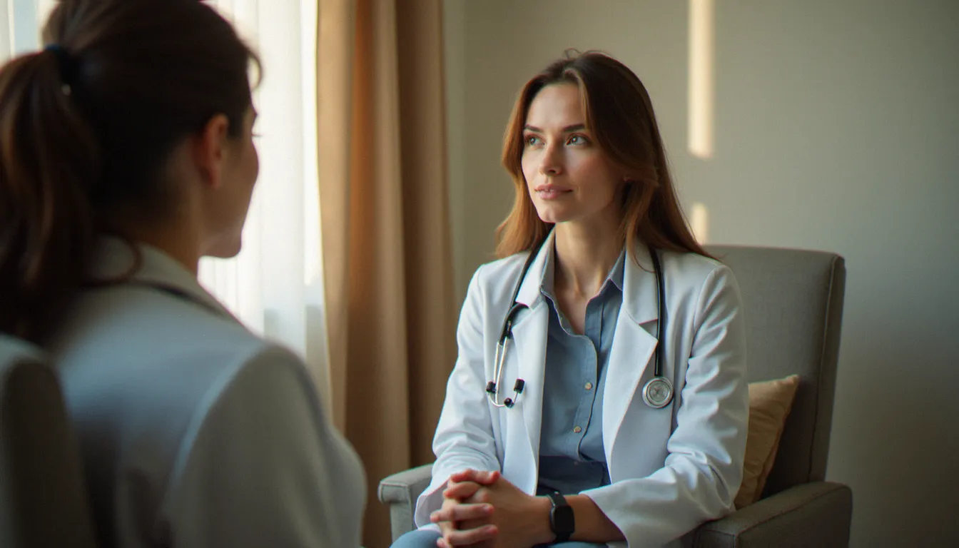 Consultation gynécologique entre une médecin et une patiente discutant des saignements abondants et des changements de règles liés à l'implant contraceptif