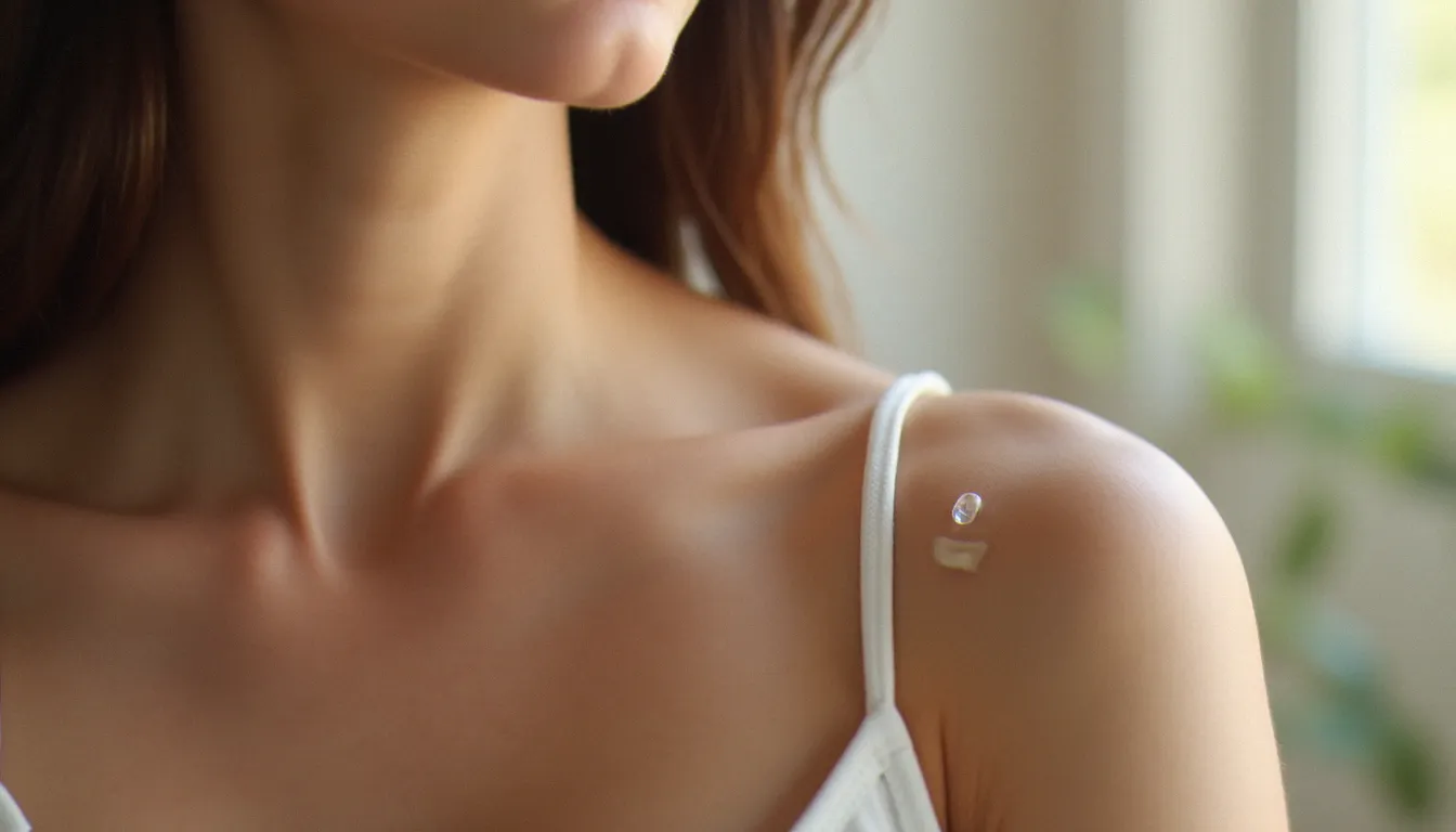 Bras d'une femme avec un implant contraceptif sous-cutané visible, illustrant l'impact de l'implant contraceptif sur les règles