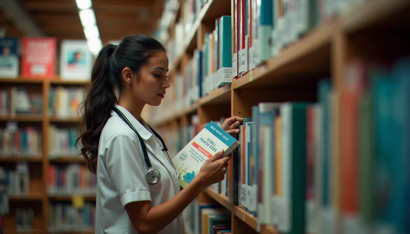 Femme choisissant un ouvrage de santé féminine dans une bibliothèque médicale, illustrant la sélection de livres vérifiables par leur international standard book number