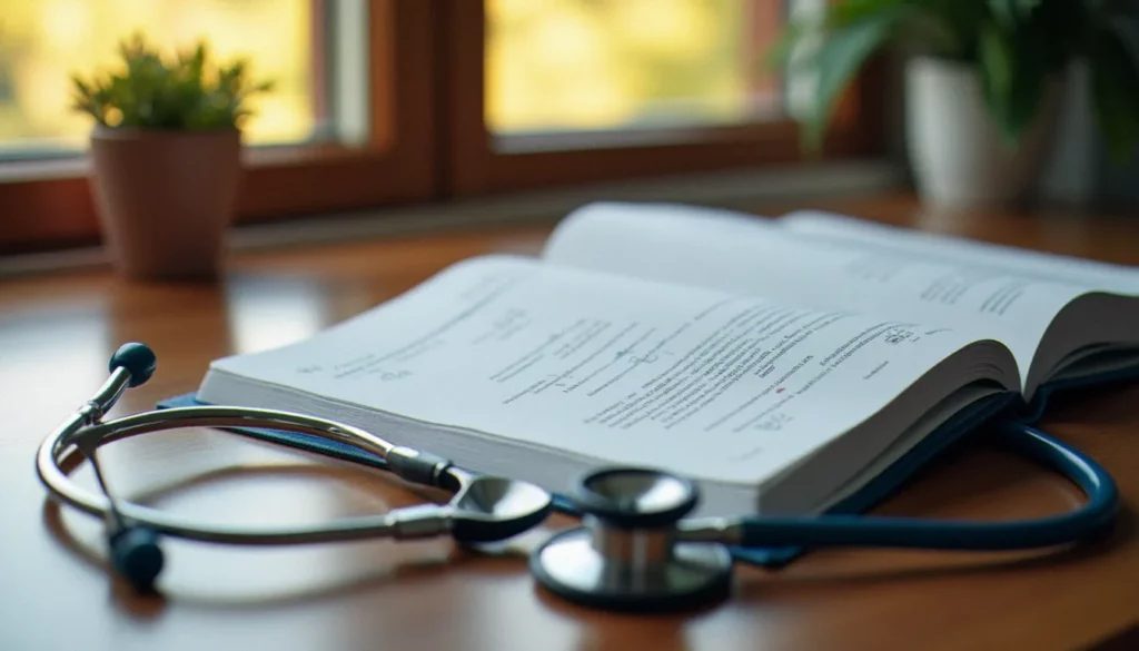 Livre médical ouvert sur un bureau en bois avec stéthoscope, illustrant la recherche d'ouvrages fiables sur la santé hormonale via l'international standard book number