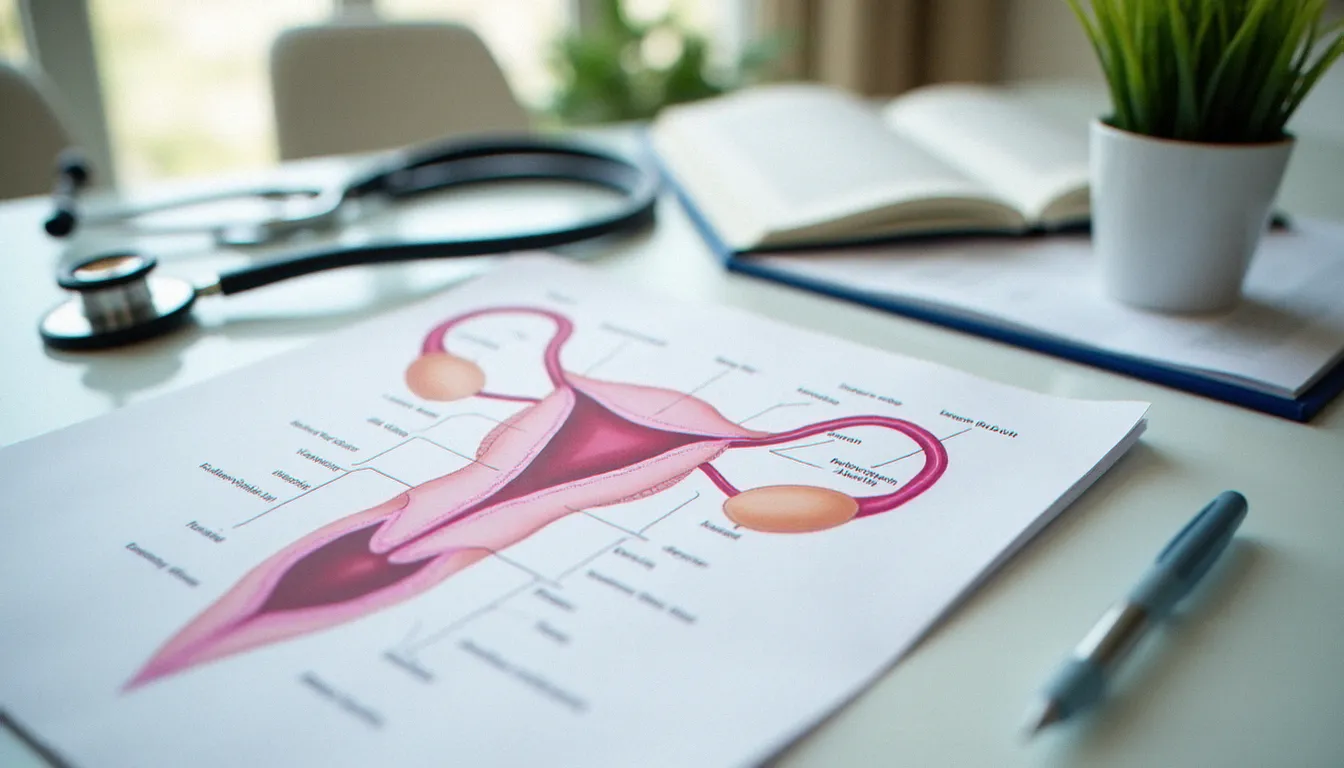 Bureau de gynécologue avec schéma anatomique et outils médicaux illustrant le diagnostic du SOPK et de l'endométriose