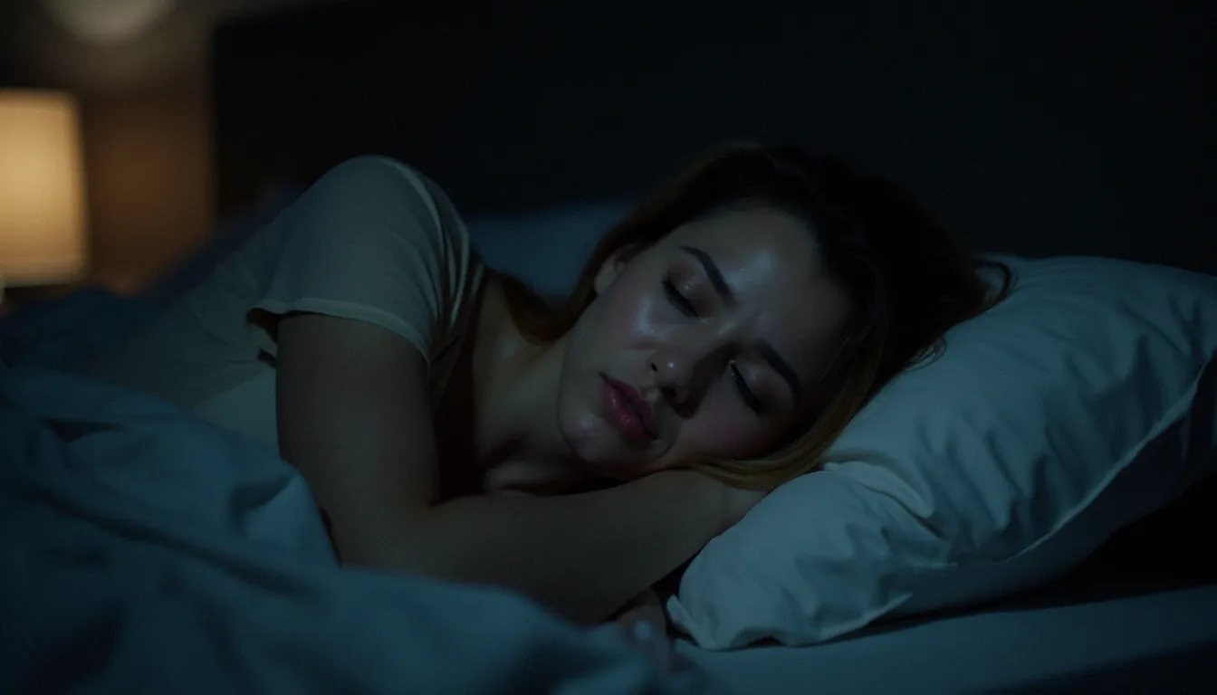 Femme insomnique allongée dans la pénombre illustrant les symptômes précoces de la périménopause souvent ignorés par la presse grand public