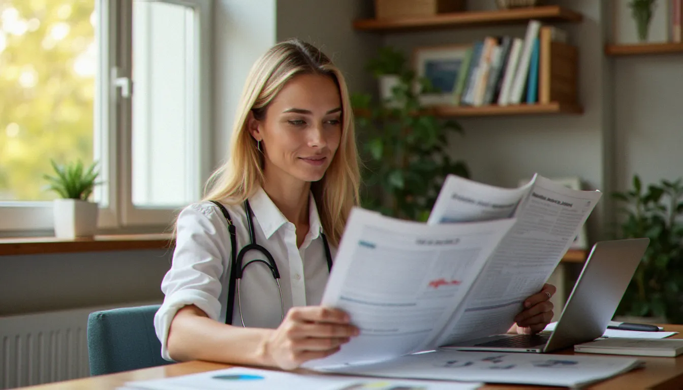 Femme lisant un magazine de santé à son bureau pour s'informer sur la santé hormonale féminine, sujet traité par le nouvel obs