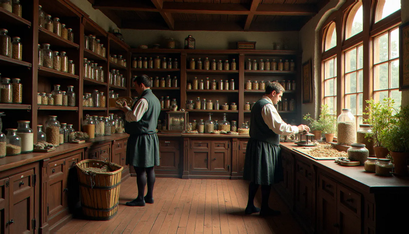 Apothicaire du XVIIIe siècle préparant des remèdes dans une officine française, illustrant la médecine de l'époque critiquée dans L'homme aux quarante écus