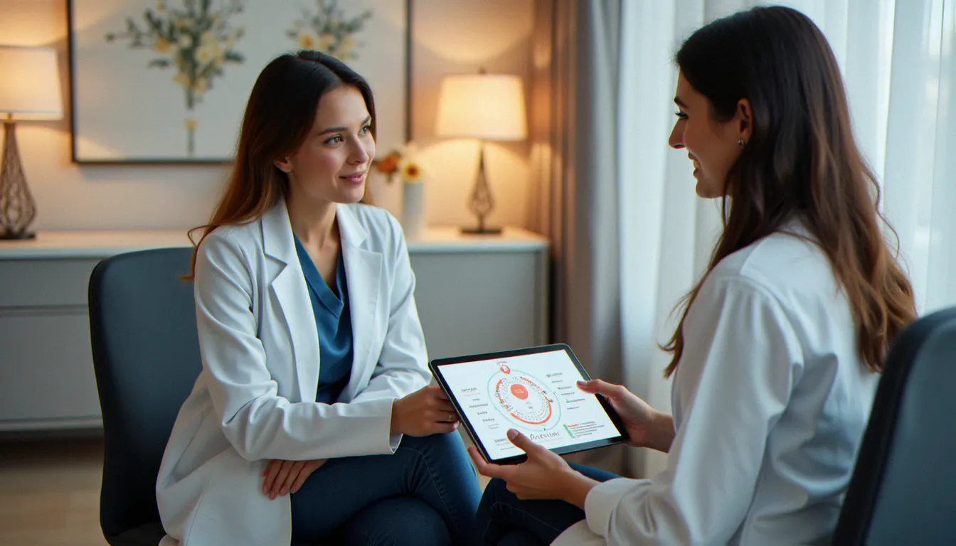 Gynécologue moderne en consultation avec une patiente, discutant de son équilibre hormonal, illustrant l'évolution de la médecine féminine depuis l'époque de Voltaire
