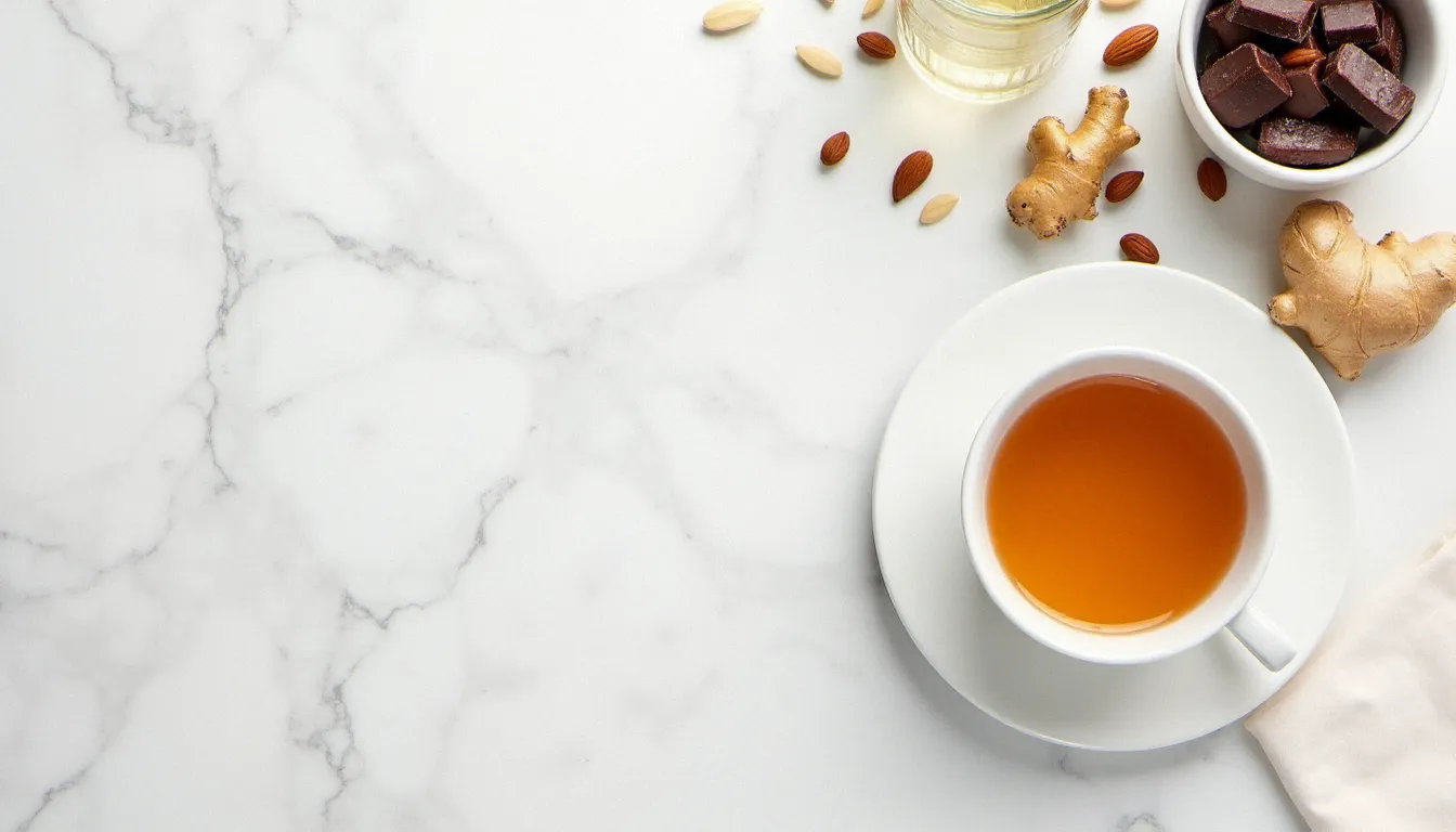 Aliments riches en magnésium et tisane disposés sur un plan de travail, illustrant les remèdes alimentaires contre les maux de tête pendant les règles