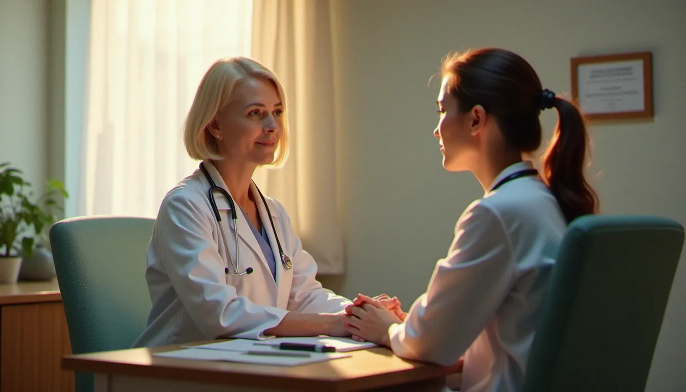 Consultation gynécologique entre une patiente et une médecin discutant d'un traitement médical pour les céphalées menstruelles récurrentes