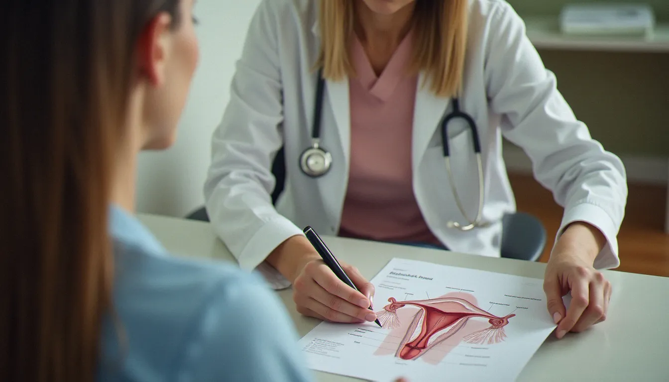 Gynécologue expliquant un schéma anatomique vulvaire lors d'une consultation, dans le cadre du diagnostic de l'atrophie vulvo-vaginale liée à la ménopause