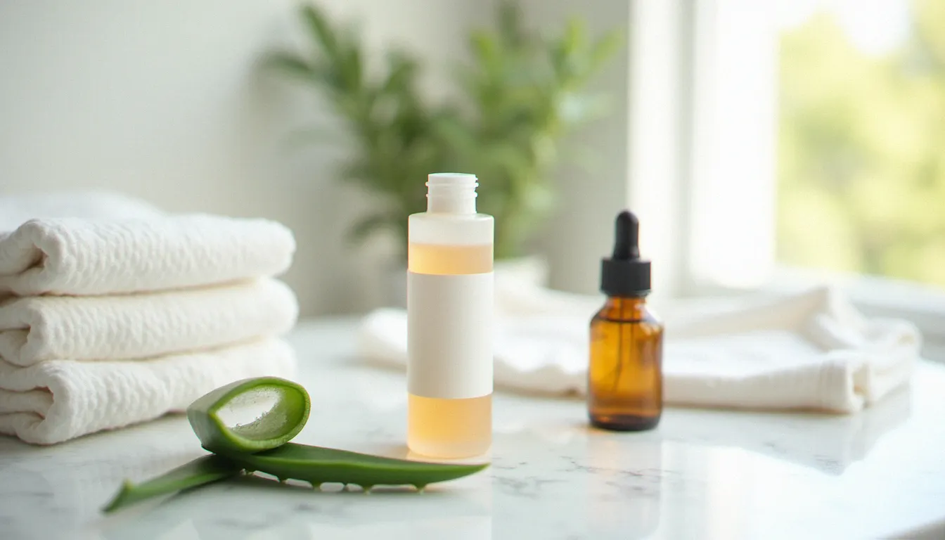 Produits naturels pour soulager les démangeaisons vulvaires à la ménopause : gel d'acide hyaluronique, aloe vera frais, huile végétale et sous-vêtements en coton sur marbre blanc