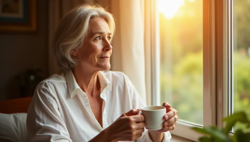 Femme mature sereine près d'une fenêtre ensoleillée tenant une tasse de thé, illustrant le vécu quotidien de la ménopause et des démangeaisons vulvaires