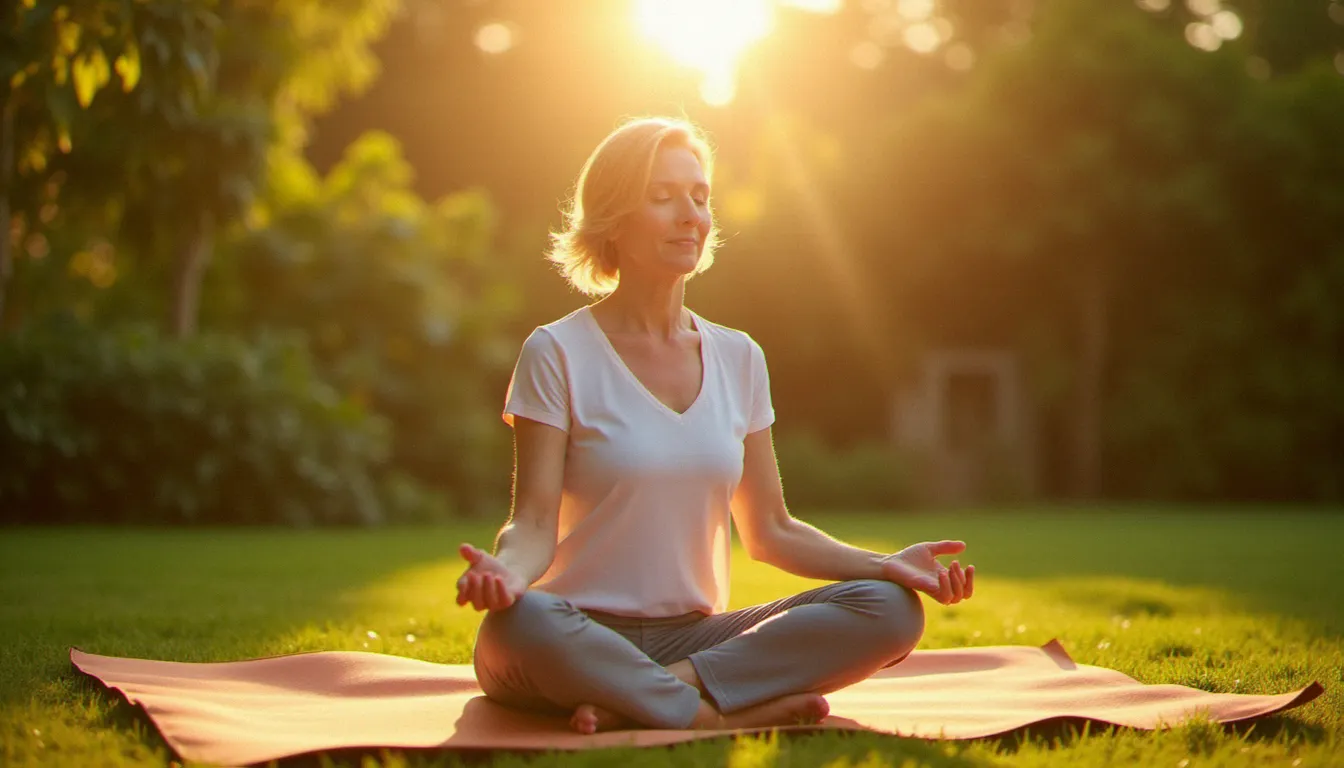 Femme ménopausée pratiquant la méditation en plein air dans un jardin, illustrant la gestion du stress et de la tension artérielle à la ménopause