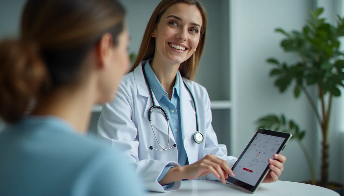 Médecin gynécologue analysant un bilan hormonal sur tablette avec une patiente, dans un cabinet médical moderne