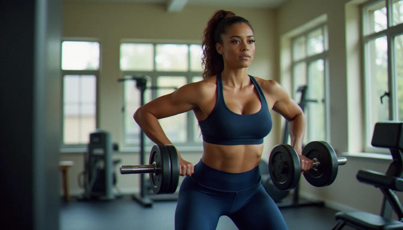 Femme au profil endomorphe effectuant des squats avec haltères dans une salle de sport lumineuse, illustrant l'entraînement en résistance adapté aux déséquilibres hormonaux
