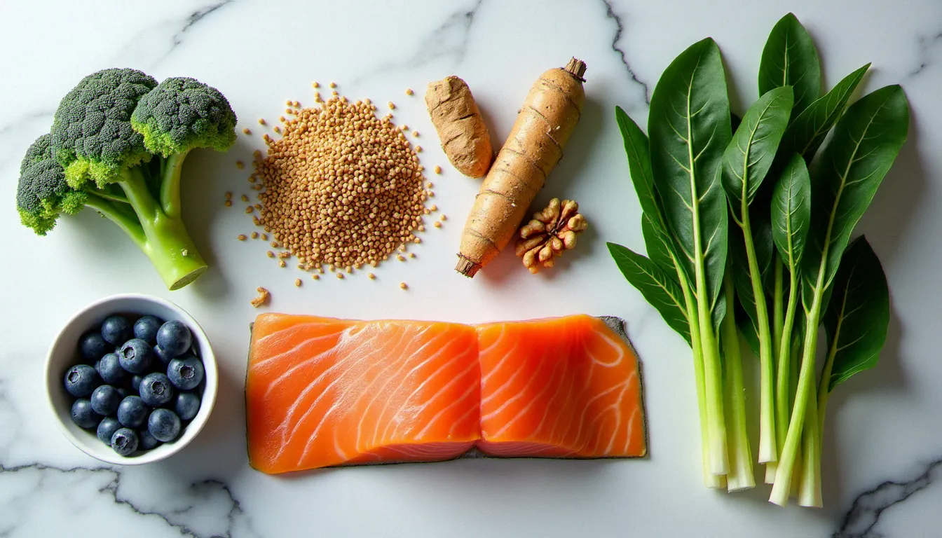 Aliments anti-inflammatoires et riches en nutriments essentiels à l'équilibre hormonal féminin, tels que recommandés dans les approches de praticiens comme Olivier Jourdain