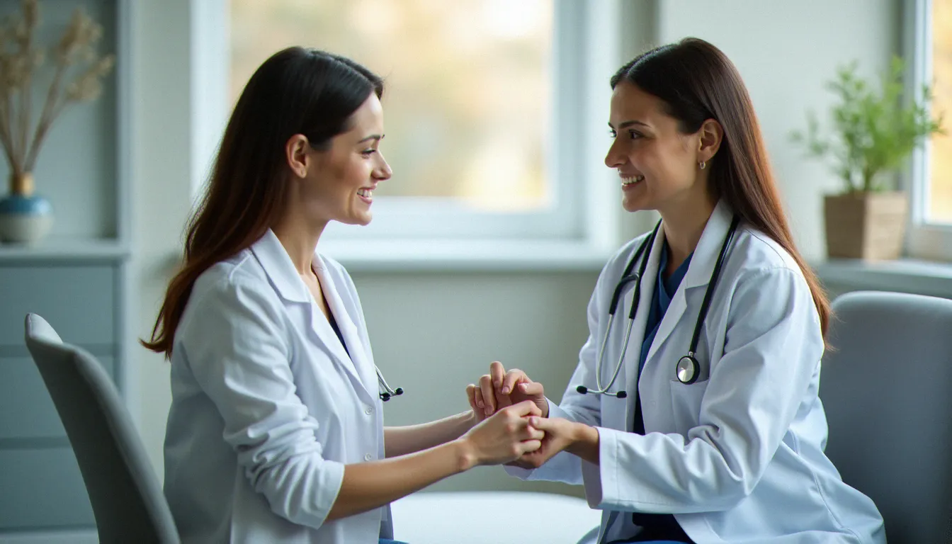 Une femme fait examiner ses ongles par une médecin dans un cabinet médical lumineux, dans le cadre d'un bilan pour suspicion de trouble thyroïdien