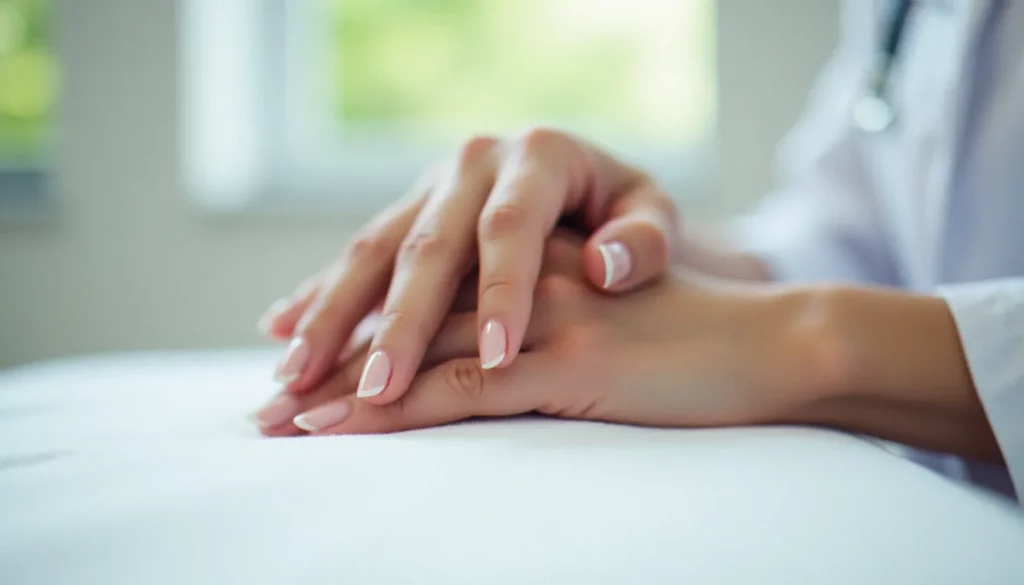 Mains d'une femme montrant des ongles striés verticalement sur fond médical blanc, illustration du lien entre ongle strié et thyroïde