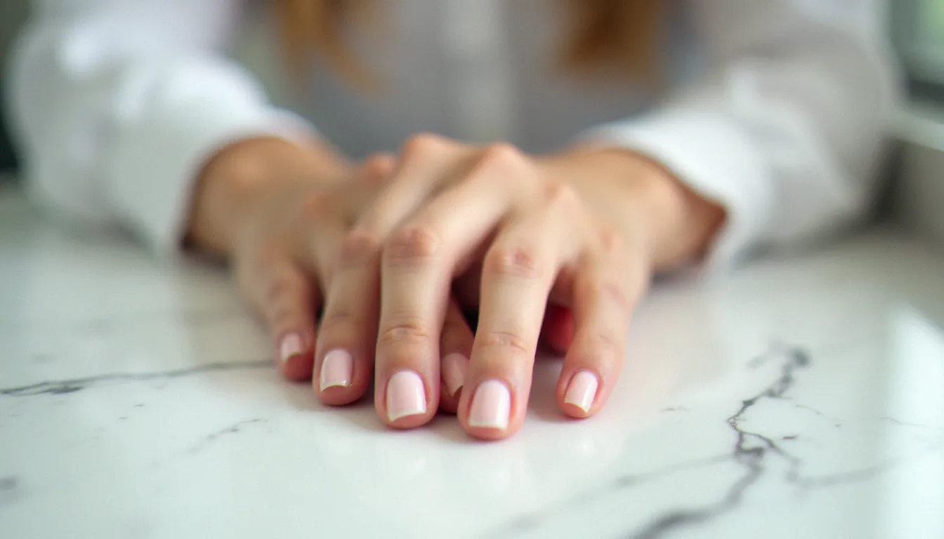 Gros plan sur des mains de femme présentant des ongles striés verticalement, signe potentiel d'un déséquilibre thyroïdien lié au mot-clé ongle strié et thyroïde