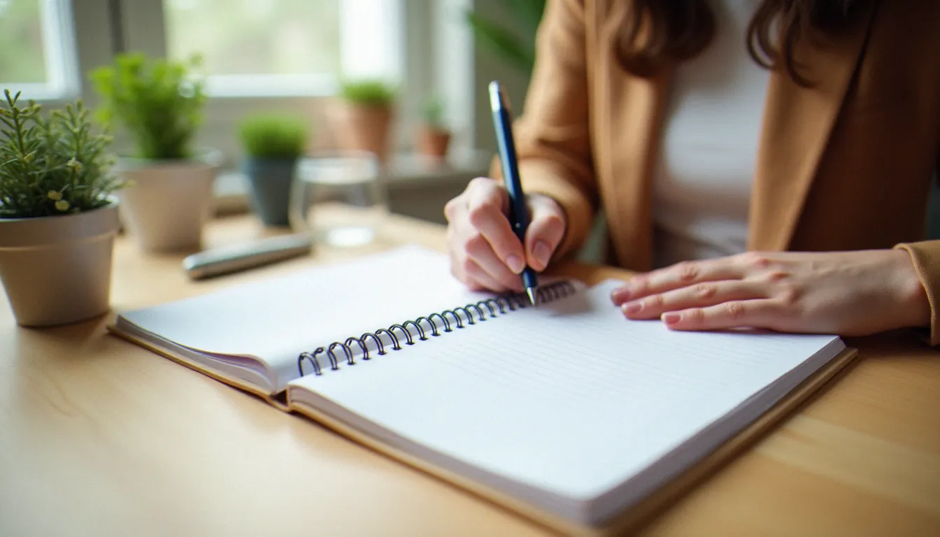 Mains d'une femme prenant des notes sur ses symptômes hormonaux dans un journal de santé posé sur un bureau en bois clair