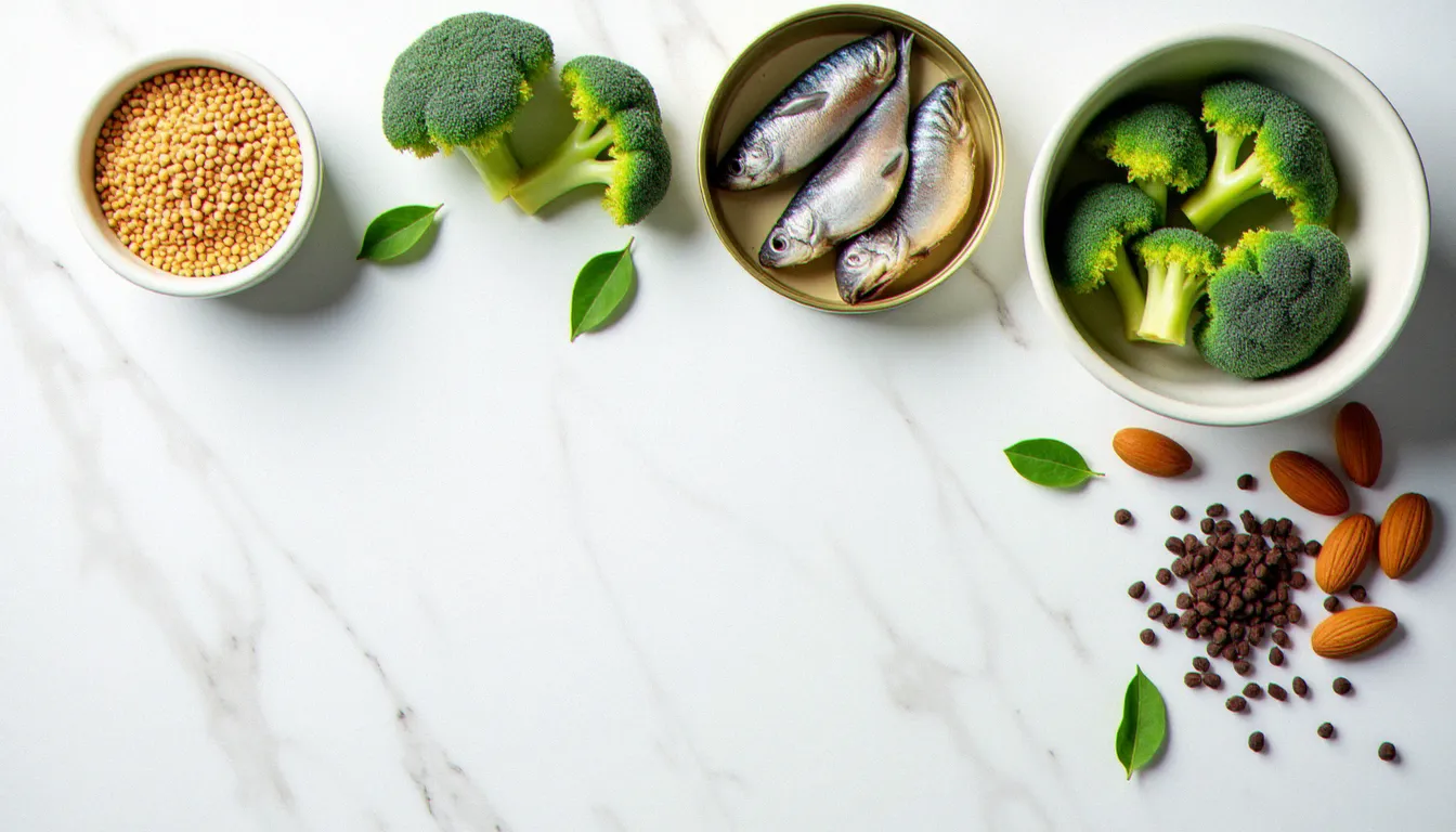 Vue de dessus d'aliments soutenant l'équilibre hormonal naturel : graines de lin, brocoli, amandes, sardines, cacao brut et avocat disposés sur un fond en marbre blanc
