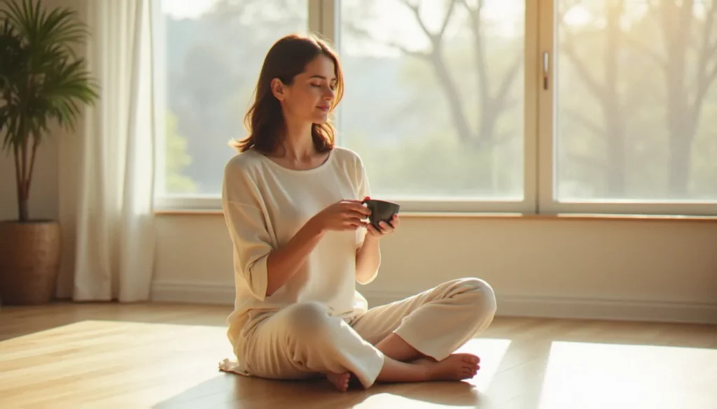 Femme sereine en tenue décontractée tenant une tasse de tisane dans un salon lumineux, illustrant la démarche de rééquilibrage hormonal féminin naturel