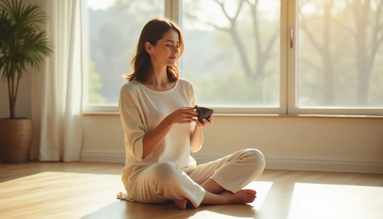 Femme sereine en tenue décontractée tenant une tasse de tisane dans un salon lumineux, illustrant la démarche de rééquilibrage hormonal féminin naturel