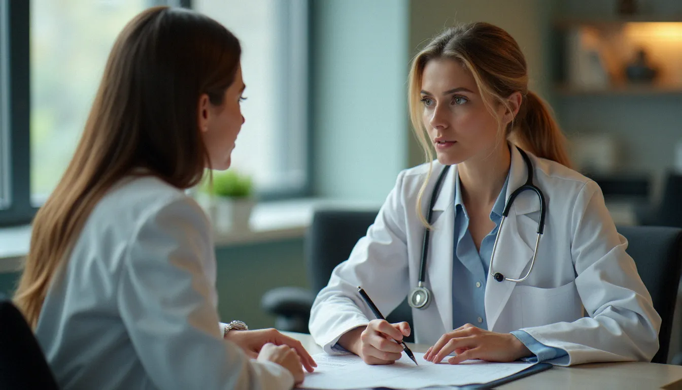 Médecin femme en consultation avec une patiente, échangeant sur des résultats médicaux, représentant le dialogue clinique dans la prise en charge de la santé féminine