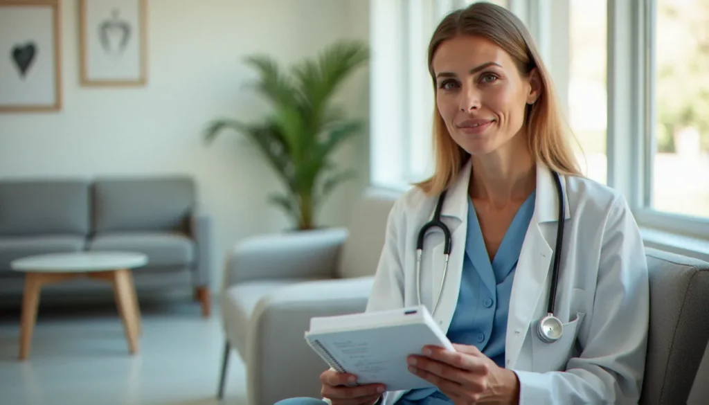 Femme française dans une salle d'attente médicale lumineuse tenant un carnet de suivi de symptômes, illustrant la santé des femmes en France et la culture du soin