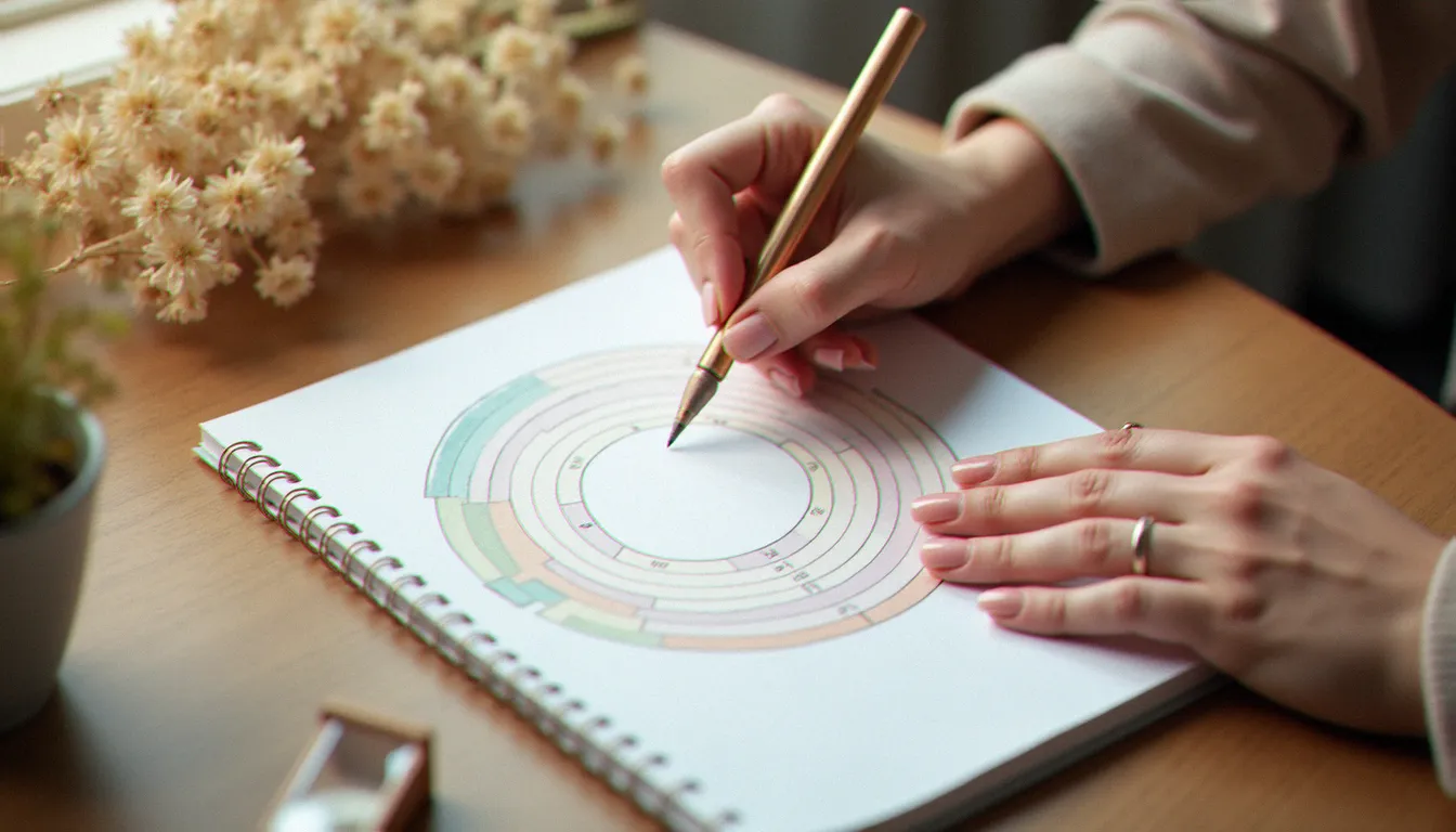 Journal de suivi du cycle menstruel ouvert sur un bureau en bois avec des fleurs séchées illustrant les phases hormonales féminines