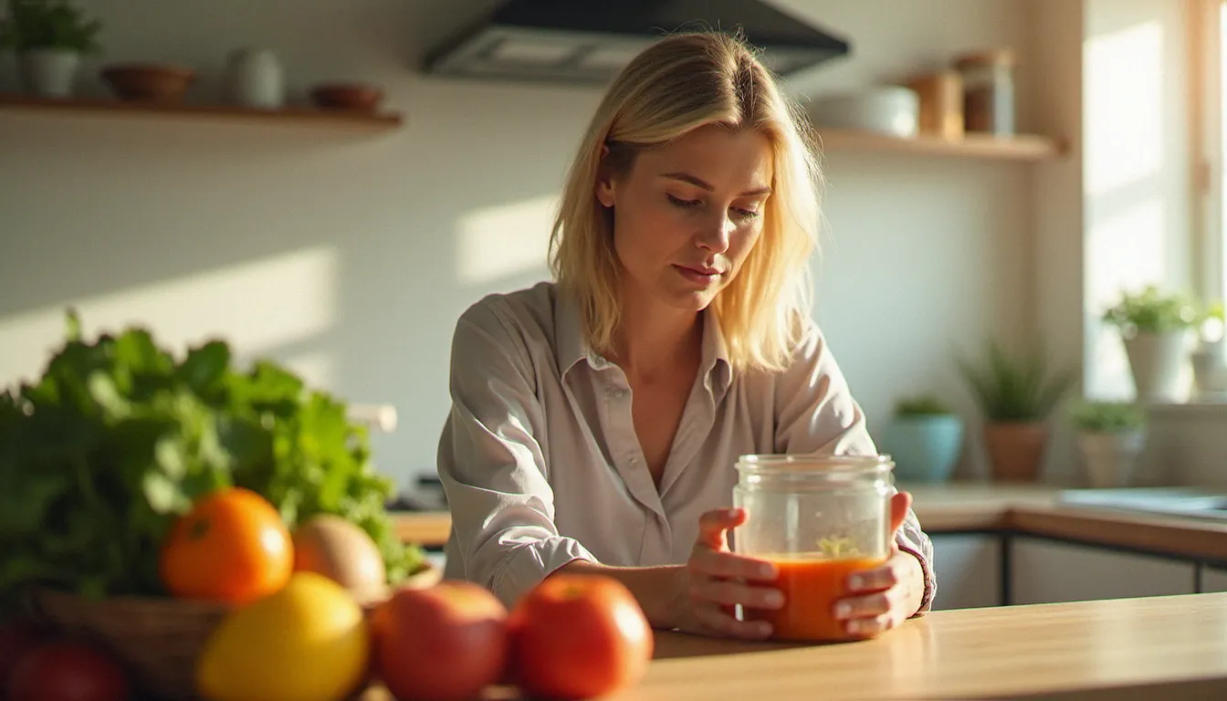 Femme vérifiant les ingrédients d'un aliment dans une cuisine lumineuse entourée de légumes frais pour préserver son équilibre hormonal