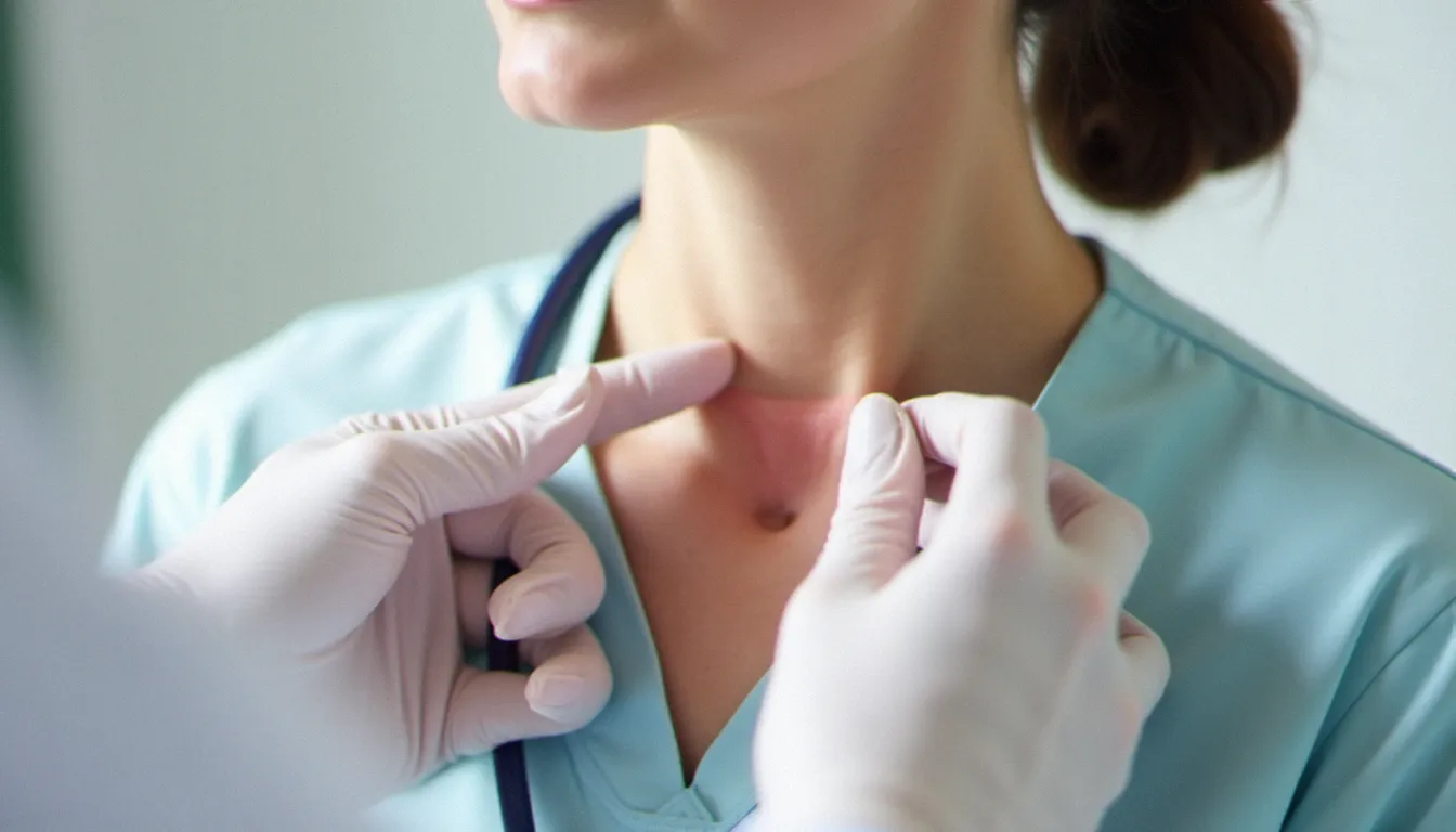 Médecin palpant la thyroïde d'une patiente lors d'une consultation pour troubles du sommeil et hypothyroïdie