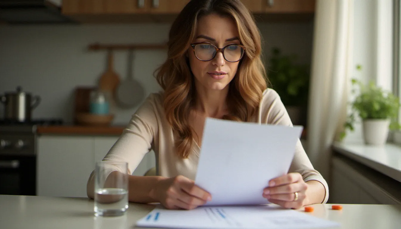 Femme consultant ses résultats de bilan thyroïdien avec un comprimé de lévothyroxine et un verre d'eau, dans le cadre du suivi d'un traitement affectant le sommeil