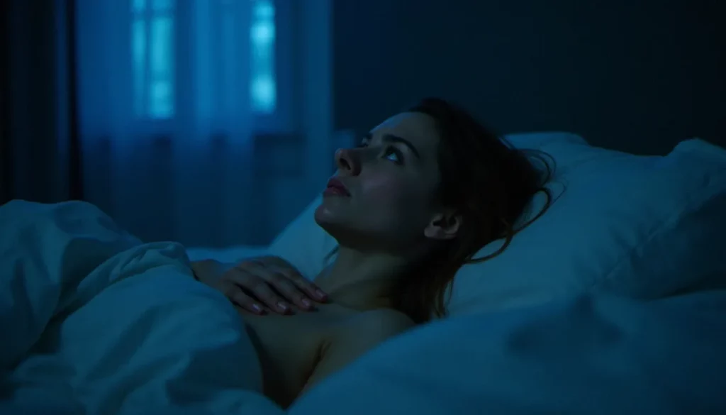 Femme allongée dans son lit la nuit, les yeux ouverts et la main posée sur la gorge, illustrant les troubles du sommeil liés à la thyroïde