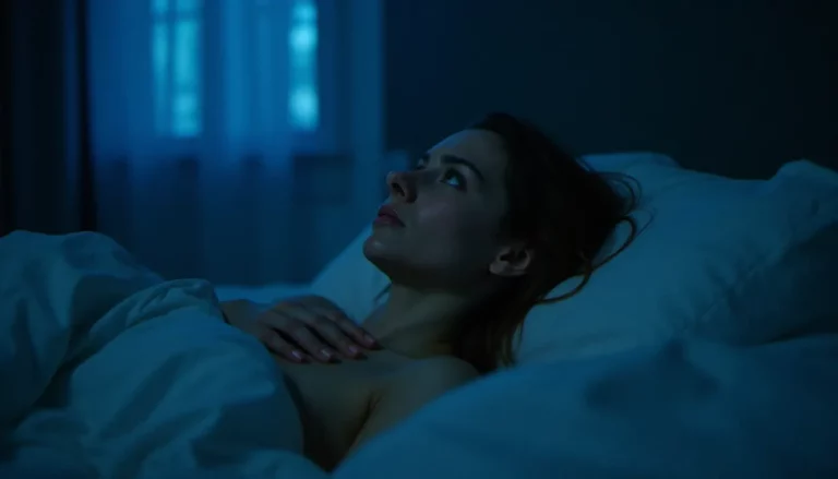 Femme allongée dans son lit la nuit, les yeux ouverts et la main posée sur la gorge, illustrant les troubles du sommeil liés à la thyroïde