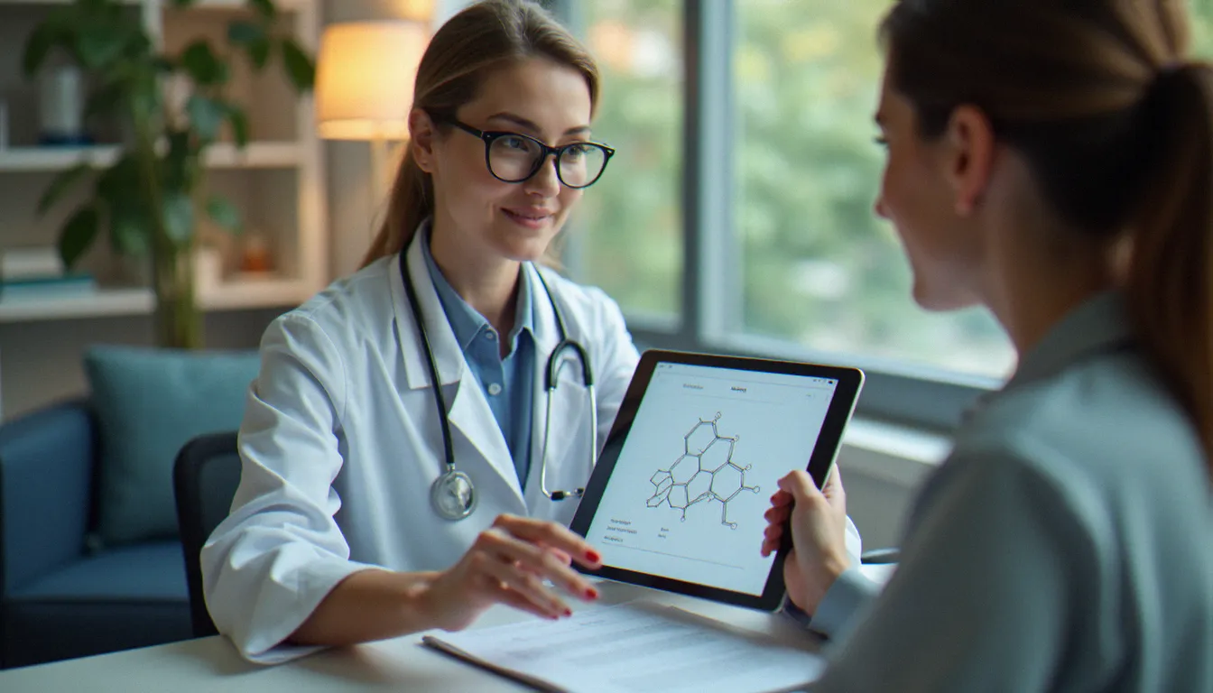 Médecin femme expliquant le fonctionnement des hormones bioidentiques à une patiente lors d'une consultation gynécologique