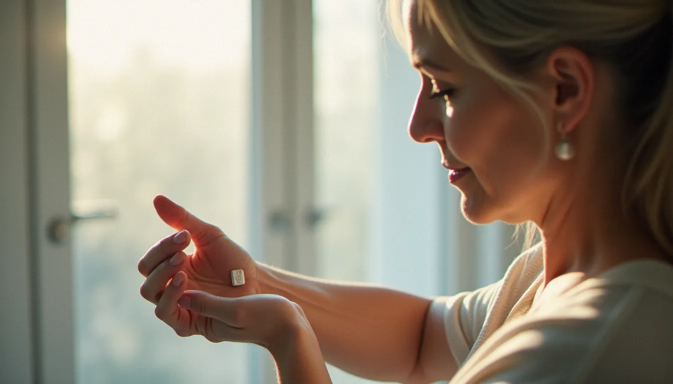 Femme appliquant un gel d'estradiol transdermique bioidentique sur l'avant-bras dans une salle de bain lumineuse, geste quotidien lié à la santé hormonale féminine