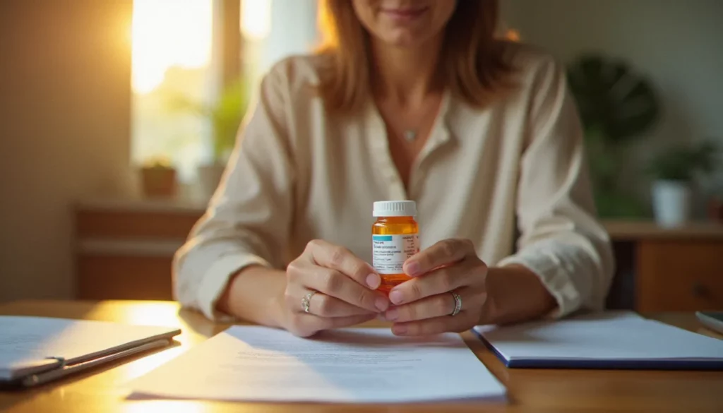 Femme d'une quarantaine d'années consultant des documents médicaux sur les hormones bioidentiques et la santé féminine, à son bureau baigné de lumière naturelle
